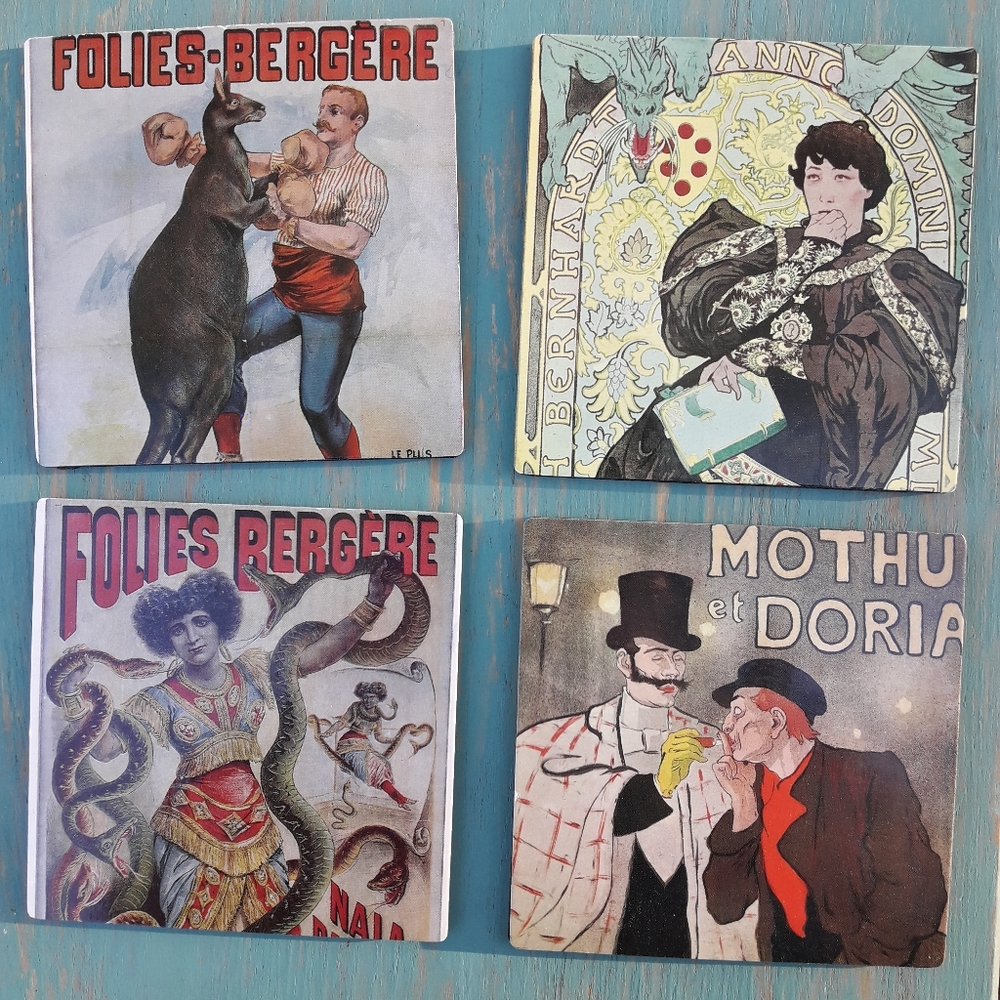 Coaster Set 6 Vintage Drink Coasters Box French